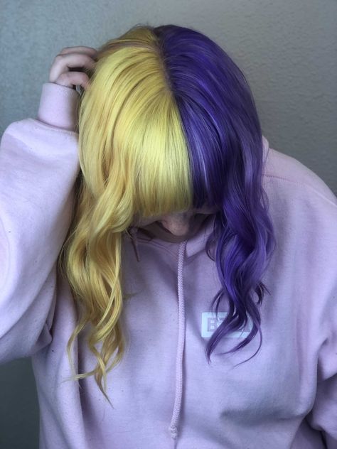 Vibrant yellow/gold color split at the root with a nuetral/cool deep purple color. Stylist Heather Goehring at Madril Hair Design Short Hair Split Color, Purple And Yellow Hair Split, Purple Yellow Hair, Yellow And Purple Hair, Dyed Hair Purple, Split Dyed Hair, Semi Permanent Hair Color, Split Hair, All Hairstyles