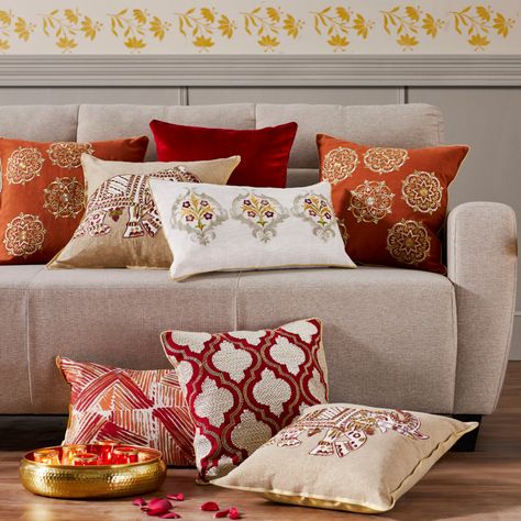 Inspired by traditional Rajasthani printing techniques, this collection’s designs are an ode to the gardens of paradise, with richly woven velvets and printed satins. Sofa Covers, Printing Techniques, Paradise, Cushions, Velvet, Sofa, Throw Pillows, Pillows, Bed