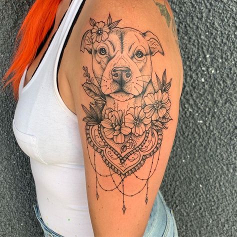 Dog And Heart Tattoo, Cute Womens Tattoos, Dog Thigh Tattoo, Staffordshire Bull Terrier Tattoo, Pitbull Tattoo For Women, American Bulldog Tattoo, Tattoo Writing Fonts, Pet Tattoo Ideas, Pnw Tattoo