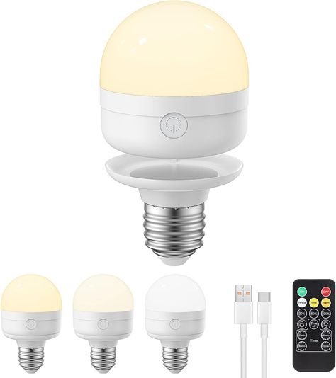 LGMCF E27 Screw LED Bulb Rechargeable, 3 Color Dimmable Light Bulb with Magnetic Base Detachable, 5W Portable Battery Powered Bulbs with Remote Control and Timer for Non Hardwired Lamps, Emergency Plug In Wall Lights, Portable Battery, Led Lampe, Led Bulb, Light Bulb, Remote Control, Screw, Lamps, Wall Lights