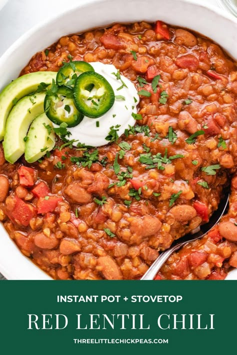 Chili With Pinto Beans, Red Lentil Chili, Lentil Chili Recipe, Lentils Instant Pot, Red Lentil Recipes, Oil Free Vegan Recipes, Vegan Instant Pot Recipes, Lentil Chili, Slow Cooker Chili