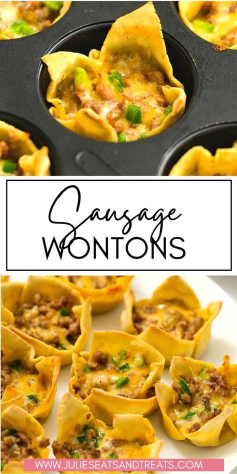 Wonton Brie Cups, Beef Wellington Wontons, Sausage And Cheese Mini Wonton Appetizers, Healthy Savory Appetizers, Sausage Wonton Cups, Wonton Wrapper Recipes Appetizers, Wonton Appetizers, Sausage Appetizers, Wonton Wrapper Recipes