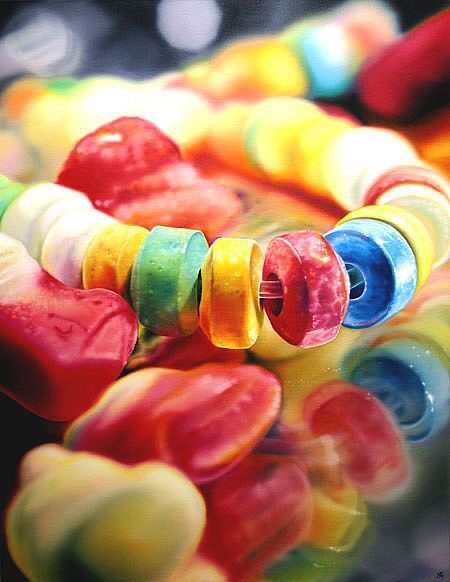 Sarah Graham | OIL | Sugar Chain Sarah Graham Artist, Juan Sanchez Cotan, Sweets Art, Sarah Graham, Photo Realism, Hyper Realism, Sweet Drawings, Candy Necklace, Realistic Oil Painting