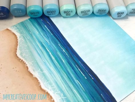 Beach Marker Drawing, Ocean Marker Drawing, Aqua Markers Art, Copic Marker Art Ideas, Alcohol Markers Techniques, Copic Backgrounds, Drawing Ideas Markers, Drawing Ideas With Markers, Paint With Markers