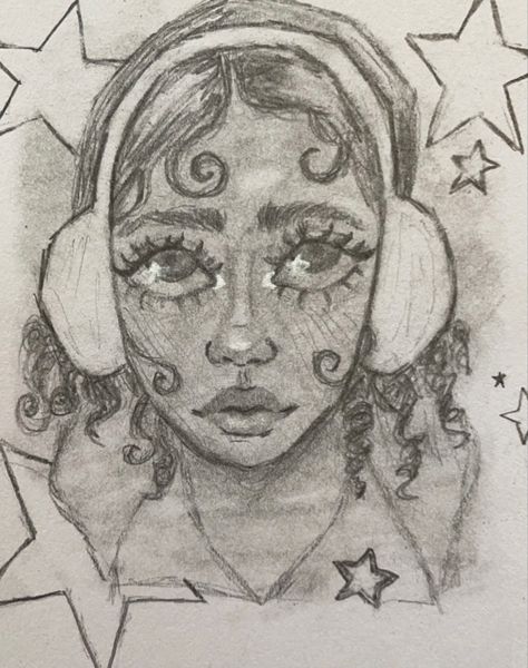 Star Sketches Aesthetic, Headphones On Head Drawing, Stargirl Sketch, Stargirl Drawing, Girl With Headphones Drawing, How To Draw Headphones, Headphone Drawing, Y2k Sketches, Headphones Drawing