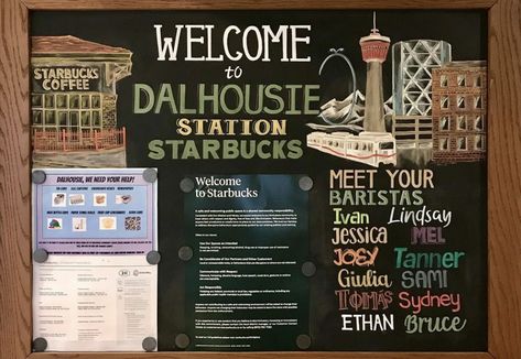 Starbucks Welcome Sign, Starbucks Store Manager Ideas, Starbucks Community Board, Starbucks Community Board Ideas, Starbucks Doodle, Starbucks Sign, Starbucks Chalkboard, Starbucks Art, Barista Training