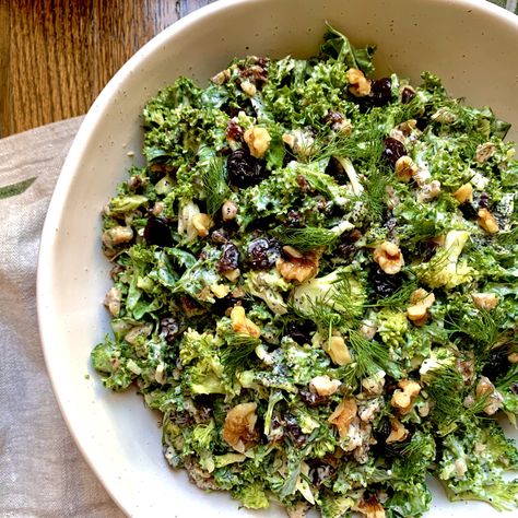 Broccoli Salad with Shredded Kale, Dried Cherries and Walnuts by Megan Mitchell Arugula Pasta, Walnuts Recipe, Megan Mitchell, Tart Cherries, Walnut Recipes, Preserved Lemons, Walnut Salad, Broccoli Salad, Toasted Walnuts