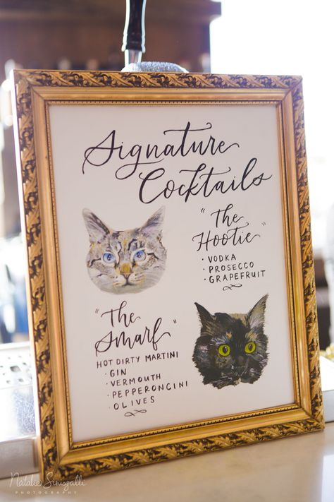 Custom hand painted wedding signature drink sign with calligraphy and pet portraits Signature Drink Signs, Wedding Drink Sign, Signature Cocktail Sign, Wedding Signature Drinks, Cat Wedding, Signature Cocktails, Cocktails Sign, Signature Drinks Sign, Wedding Pets