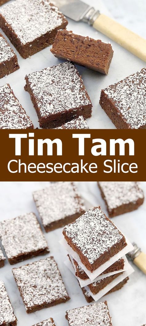 Tim Tam Cheesecake Slice with Raspberry - no bake, dark chocolate Tim Tam cheesecake slice flavoured with raspberry. #chefnotrequired #timtams #aussieicon #timtamslice #easysweetslice #cheesecakebars #timtamcheesecake #darkchocolate #chocolate #nobake #nobakebars #timtambiscuits Caramello Slice, Raspberry Slice, Sweet Platter, Tim Tam Cheesecake, Desserts Board, Fodmap Baking, Cheesecake Slice, Slice Recipes, No Bake Slices