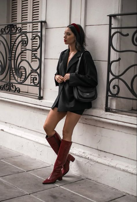 Burgundy Knee High Boots Outfit, Burgundy Boots Outfit, Bordeaux Boots, Red Heels Outfit, Burgundy Knee High Boots, Red Boots Outfit, Red Knee High Boots, Leather Boots Outfit, Maroon Boots