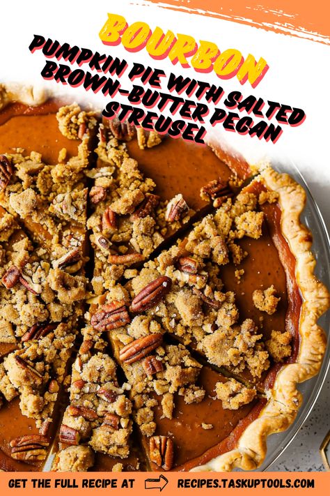 Indulge in the rich flavors of autumn with this delectable Bourbon Pumpkin Pie crowned with a luscious Salted Brown-Butter Pecan Streusel. This unique twist on a classic dessert combines the warmth of pumpkin spice with the nutty crunch of pecans, all enhanced by a hint of bourbon. Perfect for holiday gatherings or cozy evenings at home, this pie promises to be a showstopper on any dessert table. Discover the step-by-step recipe and bring a taste of fall to your kitchen. Bring Bourbon Pumpkin Pie With Pecan Streusel, Bourbon Pumpkin Pecan Pie, Pumpkin Crunch Pie Recipe, Boozy Pumpkin Pie, Brown Butter Pumpkin Pie, Maple Bourbon Pumpkin Pie, Best Pumpkin Pie Recipe From Scratch, Pumpkin Pie Streusel, Bourbon Pumpkin Pie