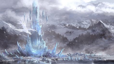 Crystal Tower by Hachiimon Crystal Tower Fantasy Art, Frozen City, Ice Kingdom, Fantasy Story Ideas, Crystal Kingdom, Anime Scenes, Scifi Fantasy Art, Environment Art, Fantasy Castle