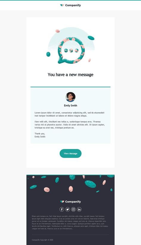 Customize this email design template with your content and send it to your mailing list for free! BEE is the easiest and quickest way to design elegant, mobile responsive emails, starting from scratch or from our 370+ ready-to-use templates. Try our BEE editor for free at the link above. (No signup required) #emaildesign #emailtemplate #transactional Designed by Matteo Della Chiesa Transactional Email Design, New Message Notification, Professional Email Templates, Message Notification, Free Email Templates, Html Email Templates, Professional Email, Bee Free, Email Template Design