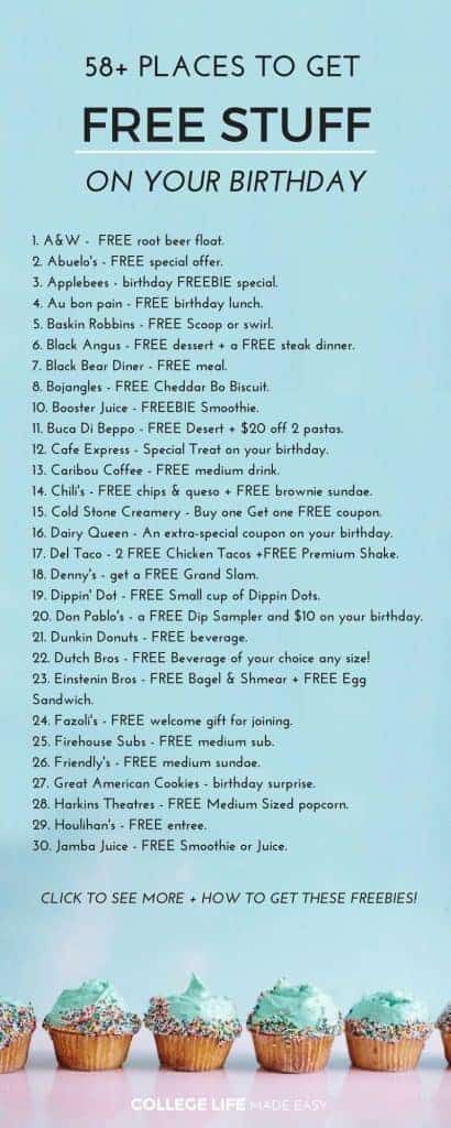 Where to Get Free Stuff for Your Birthday - List of Birthday Freebies for Adults #birthdayfreebies #freebies Best Birthday Food Ideas, Free Food For Birthday, Stuff For Birthday List, Birthday Ideas To Go Out, Places To Get Free Food On Your Birthday, Places To Go Out To Eat For Your Birthday, Free Things To Get On Birthday, Things To Do For 23rd Birthday, Free Things You Can Get On Your Birthday List