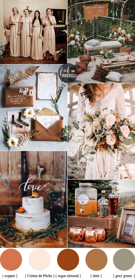 Earth Tones Wedding Color Palette With Copper Accents For Autumn Wedding 1 - Fab Mood | Wedding Colours, Wedding Themes, Wedding colour palettes Dark Earth Tones Wedding, Wedding Copper Theme, Copper Winter Wedding, Copper Color Palette Wedding, Copper Sage Wedding, Copper Wedding Palette, Rust And Grey Wedding, Earth Tones Wedding Colors, Copper Theme Wedding