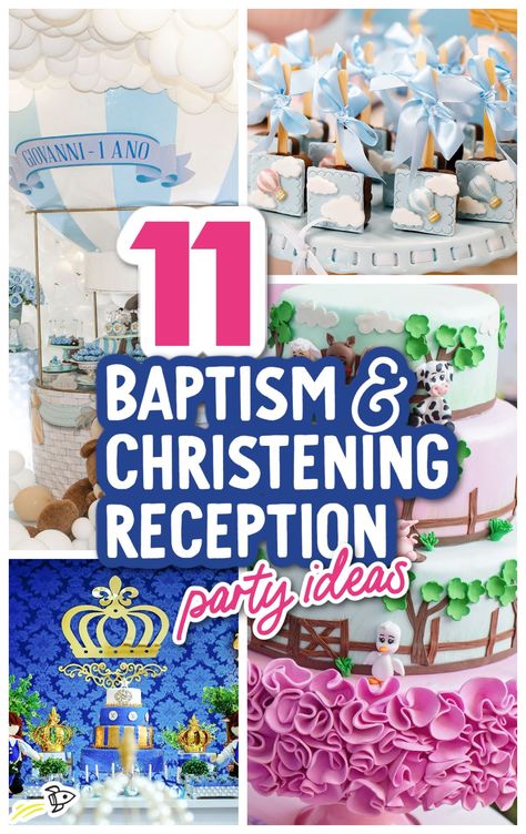 11 Baptism & Christening Reception Party Ideas & Decorations Baby Christening Decorations, Christening Party Ideas, Christening Food, Reception Party Ideas, Christening Centerpieces, Baptism Reception, Baptism Themes, Baptism Party Ideas, Christening Decorations