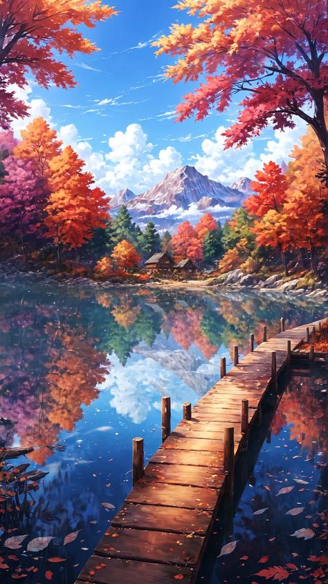 anime wallpaper, wallpaper hd, phone wallpaper, anime aesthetic, lake, forest, autumn, mountains, beautiful landscape, cottagecore, tranquility, calm Fall Anime Aesthetic Wallpaper, Anime Forest Wallpaper, Fall Anime Wallpaper, Autumn Anime Wallpaper, Landscape Cottagecore, Anime Autumn, Landscapes Wallpaper, Autumn Mountains, Hd Landscape