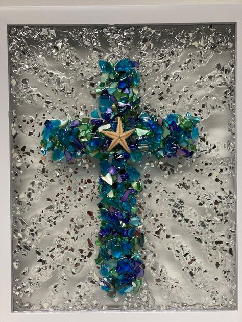 Purple Coastal Decor, Seaglass Flower Art, Resin Picture Frame Diy, Crushed Glass Crafts, Crushed Glass Art On Canvas, Crushed Glass Resin Art, Sea Glass Cross, Resin Glass Art, Art Shattered