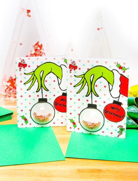 Free Printable Grinchmas Shaker Cards! Free Printable Grinch Ornaments, Homemade Grinch Christmas Cards, Grinch Cards Free Printable, Grinch Cards Ideas, Grinch Template Free Printable, Grinch Free Printables, Free Grinch Printables, Grinch Christmas Cards, Grinch Card