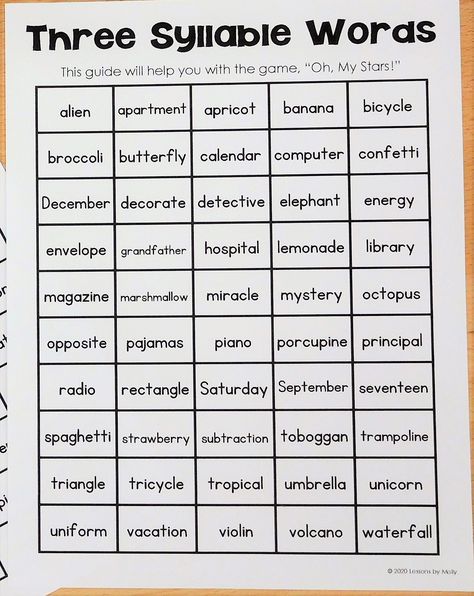 Good spellers count syllables!  Syllabication activities and center ideas.  The image shows a list of words included in the syllable game, "Oh My Stars!"  Students withdraw word cards and collect stars.  If the word has 3 syllables, they take 3 stars.  If the word has 2 syllable, they take 2 stars.  Winner is the first one to cover their game board with stars. 2 Syllable Word List, Pop It Syllables, 3 Syllable Words Activities, Three Syllable Words, Multi Syllable Word List, 4 Syllable Words List, Counting Syllables Worksheet, Multisyllabic Word List, Multi Syllable Word Activities