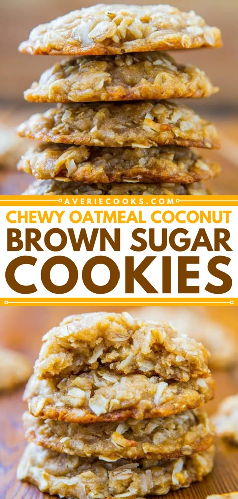 Chewy Anzac Biscuits (Oatmeal Coconut Cookies) - Averie Cooks Peanut Butter Oatmeal Coconut Cookies, Coconut Honey Cookies, Oatmeal Brown Sugar Cookies, Cookies With Honey Instead Of Sugar, Coconut Oatmeal Cookies Recipes, Maple Oatmeal Cookies, Brown Sugar Oatmeal Cookies, Soft And Chewy Oatmeal Cookies, Anzac Cookies