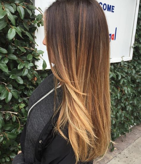 Brown To Caramel Long Ombre Hair More Dark Brown Hair With Highlights, Long Ombre Hair, Hairstyles Highlights, Balayage Straight, Balayage Straight Hair, Highlights For Dark Brown Hair, 60 Hairstyles, Blonde Balayage Highlights, Hair With Highlights