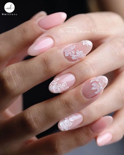 Asian Flower Nail Art, Nail Art White Flowers, Bridal Nails Flowers, Bridal Flower Nails, White Floral Nail Art, Bridal Nails With Blue Accent, Bridal Nails With Flowers, Nude Nails White Flowers, Wedding Nails For Bride Flowers