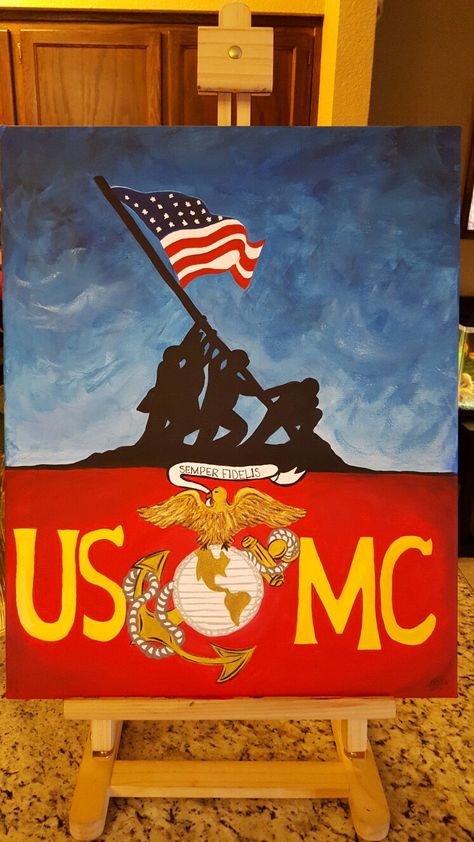 USMC Iwo Jima) Veterans Day Paintings On Canvas Easy, Marine Corps Painting, Veterans Paintings, Marines Painting, Patriotic Rocks, Senior Year Art, Usmc Bootcamp, Usa Crafts, America Painting