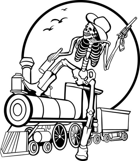 line art of a skull riding a train Halloween Hallway, Train Conductor, A Skull, Graphic Templates, A Train, Line Art, Skeleton, Hallway, Vector Free