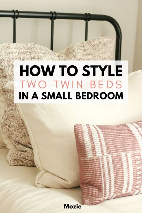 Two Twin Beds In One Small Room, Twin Double Bed Ideas, 2 Twin Beds In Small Room Decor, Tiny Room Two Twin Beds, Two Beds In Small Bedroom, Guest Bedroom Ideas Twin Beds Modern, Desk Between Twin Beds, How To Fit Two Twin Beds In A Small Room, Arranging Twin Beds In A Small Room