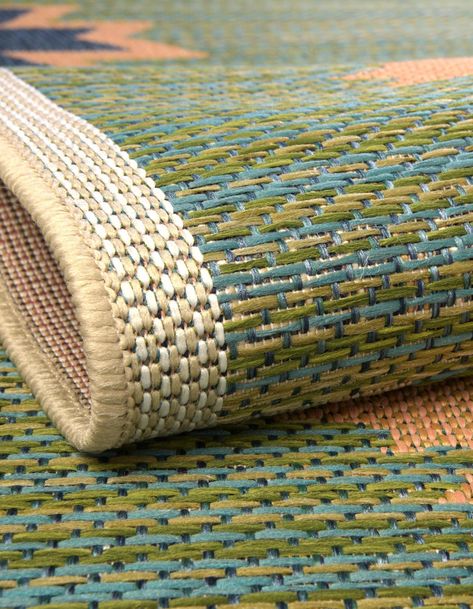 Easy Care, Stain-Resistant, Flatweave, Pet-Friendly Baja Outdoor Green Rug. 9' 2 x 12' 2 Rectangle. Shed-free. Indoor / Outdoor Rug. Perfect for Office, Dining Room, Living Room, Patio. Contains Colors: Green, Navy Blue, Ivory, Light Blue, Olive, Orange. Styles: tribal, southwestern, vintage, modern Patterns: geometric 8x10 Outdoor Rugs, Outdoor Rugs Patio Waterproof, Boho Outdoor Rug, Porch Rugs, Green Outdoor Rug, Outdoor Table Runner, All Modern Rugs, Beach Lounge, Outdoor Runner Rug