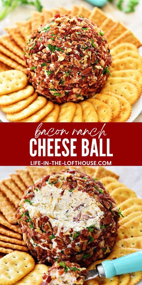 This Bacon Ranch Cheese Ball is a classic appetizer you just can't go wrong with. It is loaded with flavor with simple ingredients. Everyone will be happy to dig into this incredibly flavorful cheese ball! Cheese Ball Bacon Ranch, Bacon Ranch Cheese Ball, Cheddar Bacon Ranch Cheese Ball, Savory Cheese Ball, Bacon Ranch Cheeseball, Cheese Balls, Bacon Ranch Cheese Ball Recipe, Cream Cheese Ball, Savory Cheese