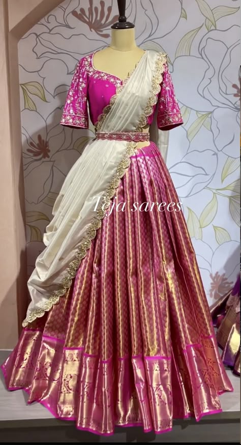 Pink Half Sarees Pattu, Sleeveless Half Saree, Pink Pattu Lehenga Half Saree, Langavoni Designs, Halfsarees Traditional Pattu, Trending Half Sarees, Pink Langa Voni, Pattu Half Saree Indian Dresses, Pattu Langa Voni Half Saree