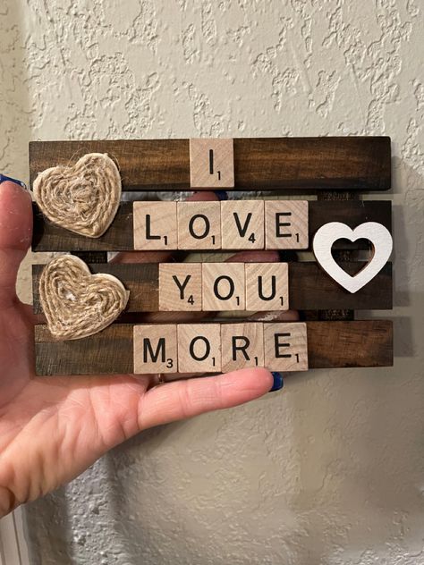 Scrabble Valentines Day Gift Ideas, Valentine’s Diy Crafts, Valentine Scrabble Crafts, Scrabble Christmas Tree, Diy Jenga Blocks Ideas Valentines, Wood Valentine Crafts, February Crafts For Adults, Valentines Wood Crafts, Valentines Day Crafts To Sell