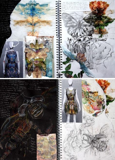 Insect fashion design project Fashion Sketchbook Inspiration, Sketchbook Layout, Textiles Sketchbook, A Level Textiles, Gcse Art Sketchbook, A Level Art Sketchbook, Observational Drawing, Fashion Design Sketchbook, Art Tumblr