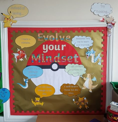 Pokemon themed Growth mindset display Pokemon Classroom Door, Anime Themed Classroom, Nintendo Classroom Theme, Pokemon Bulletin Board Ideas, Pokemon Themed Classroom, Pokemon Classroom Decorations, Pokemon Bulletin Board, Pokémon Classroom, Librarian Glasses