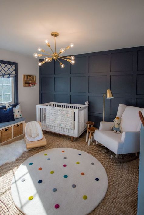 Picture Of a cheerful nursery with a navy paneled wall, white furniture, a bench with storage, layered rugs and a cool modern chandelier Teenage Boy Room, Baby Nursery Inspiration, Baby Boy Room Decor, Nursery Room Design, Baby Boy Room Nursery, Nursery Room Boy, Nursery Room Inspiration, One Room Challenge, Blue Nursery