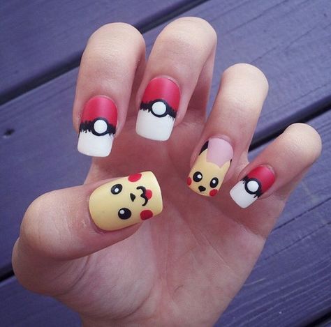 Made to order, hand-painted fake nails! This set is Pokemon themed and features Pikachu and pokeballs. Perfect for the launch of Pokemon Go ;)  Each set comes with 16 or 24 nails in varying sizes to give you the perfect fit, and you choose between a matte or shiny topcoat. They can be reused over and over again and are waterproof!  Disclaimer: While I put my best effort into every set of nails, please remember that these are hand painted and I am human, so sometimes I do make small mistakes.... Pokeball Nails, Pikachu Nails, Pikachu Pokeball, Halloween Queen, Nails Makeup, Nails 2020, Halloween Inspiration, Nail Paint, Nails On Fleek