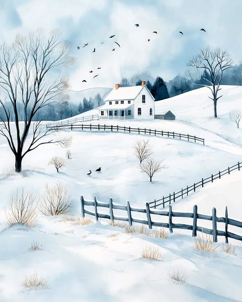 Free Printable Winter Farmhouse Wall Art Gallery Printable Landscape Art Free, Printable Winter Art, Winter Art Prints, Free February Printables, Vintage Winter Illustration, Winter Illustration Art, Winter Wonderland Illustration, Winter House Illustration, Beautiful Snow Scenes