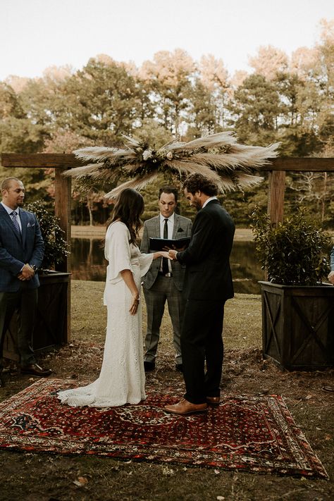 Cozy Boho Backyard Wedding in Georgia | Junebug Weddings Rug Outdoor Wedding Ceremony, Vintage Rug Wedding Ceremony, Rugs Outdoor Wedding, Rugs For Outdoor Wedding, Rug Ceremony Wedding, Rug For Wedding Ceremony, Rug Wedding Ceremony, Wedding Ceremony Rug, Vintage Rug Wedding