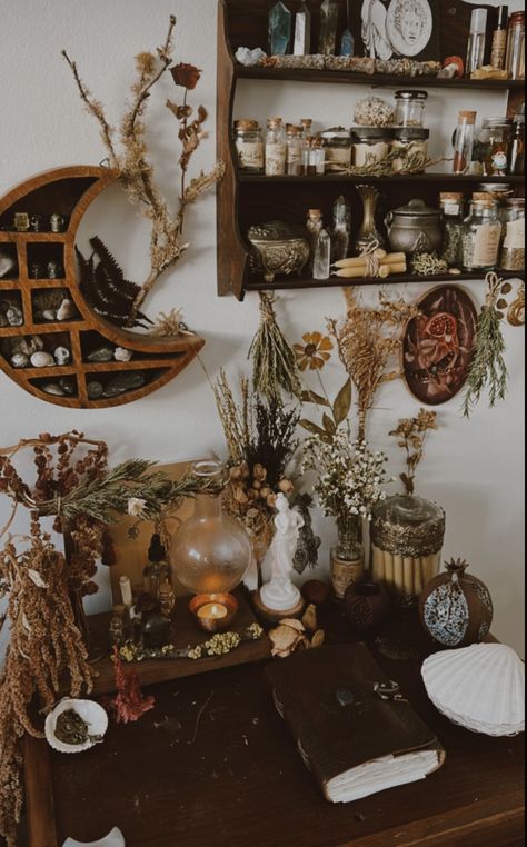 Witchy Altar Aesthetic, Witch’s Table, Eclectic Cottage Core Decor, Witchy Table, Witchy Desk Decor, Fairy Witch Cottagecore, Green Witch Altar, Witchy Store, Boho Witch Aesthetic