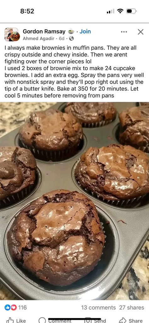 Brownie Mix Recipes, Bake Brownies, Brownies Recipe Homemade, Brownie Cupcakes, Cupcake Pan, Muffin Tin, Easy Baking Recipes, Yummy Sweets, Cookie Desserts