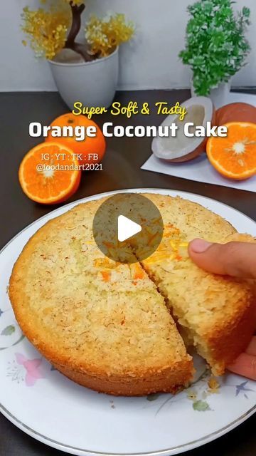 Food & Art on Instagram: "Orange + Coconut Cake 🍊🥥 Ingredients: Eggs 2 Sugar Powder 3/4 cup (120 gram) Cooking Oil 1/2 cup Maida (all purpose flour) 3/4 cup 120 gram Baking Powder 1 tbsp Coconut Powder/Grated Coconut 1/2 cup Orange juice 1/4 cup Butter paper used in cake mold -------------------- Preheat stones in a silver or steel pot for 5 minutes on high flame. Now place cake mold & lower the flame to low-med. Cover & bake for 35-40 minutes. For oven, preheat at 180C & bake 30-35 minutes at 170C. (Temperature & time would be different for your oven so be careful & keep checking) -------------------- Drop a comment or DM if you have any question Follow @foodandart2021 for more easy recipes, baking recipes, cake recipes, snacks recipes & many more. #foodandart2021 #cake #orangeca Orange And Coconut Cake, Orange Coconut Cake, Coconut Flour Cake Recipes, Best Coconut Cake Recipe, Coconut Loaf Cake, Orange Juice Cake, Coconut Powder, Butter Paper, Coconut Cake Recipe