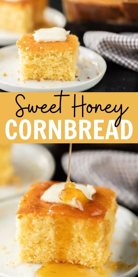 This is my favorite homemade sweet honey cornbread recipe! It's very moist, sweet and super easy to make too! Everyone will love this classic honey cornbread recipe. #eatingonadime #cornbreadrecipes #honeycornbread Moist Honey Cornbread Recipe, Buttery Cornbread Recipe, Buttery Cornbread, Southern Cornbread Recipe, Easy Cornbread Recipe, Best Cornbread Recipe, Cream Corn Casserole, Cornbread Recipe Sweet, Moist Cornbread