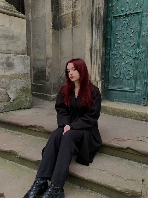 Red Hair Instagram, Margot Ross, Red Goth Outfits, Goth Girl Outfits, Dark Red Cherry, Red Hair Outfits, Red Hair Girl, Uni Outfit, Happy Future