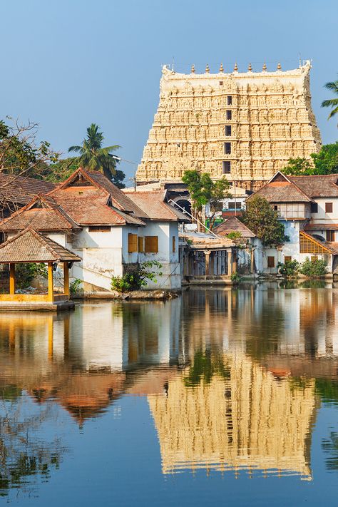 Padmanabhaswamy Temple, set within a Lake and offering plenty of museums and art galleries - Golden Triangle Tour Kerala Places, Kerala Aesthetic, Lord Perumal, Padmanabhaswamy Temple, Temple India, Indian Temple Architecture, India Architecture, Ancient Indian Architecture, Temple Photography