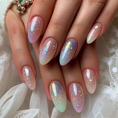 Pink Space Nails, Simple Jelly Nails, Aurora Nails Design, New Years Eve Nails Ideas Classy, Almond Nail Art Designs, New Years Eve Nail Art, New Years Eve Nail, Nails 2025, Uñas Aesthetic