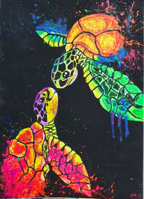 Trippy Animal Art, Neon Acrylic Painting, Neon Painting Ideas Easy, Black Light Art, Glow In The Dark Painting, Sea Turtle Wallpaper, Glow Painting, Fluorescent Painting, Sea Turtle Artwork