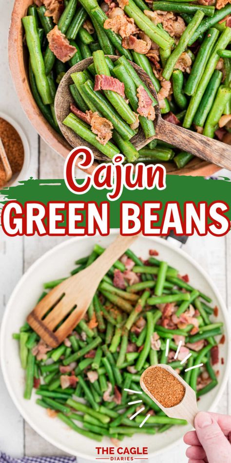 These delicious Cajun Green Beans are a perfect side dish for any Thanksgiving meal. Full of Cajun flavor, yet simple to make - they're great any time of year! Cajun Green Beans Recipe, Cajun Vegetables Side Dishes, Cajun Side Dishes, Cajun Green Beans, Authentic Creole Recipes, Cajun Thanksgiving, Green Bean Dishes, Thanksgiving Vegetables, Classic Southern Recipes