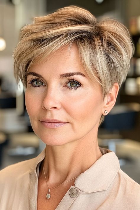 Honey Blonde Pixie with Volume, pixie hair color idea, pixie haircut, pixie hair color Blonde Highlights For Pixie Haircut, Pixie Haircolor Ideas, Dark Blonde Pixie Haircut, Honey Blonde Pixie Cut, Honey Blonde Pixie, Pixie Hair Color Ideas, Pixie Hair Color, Pixie Cut With Highlights, Haircut Pixie